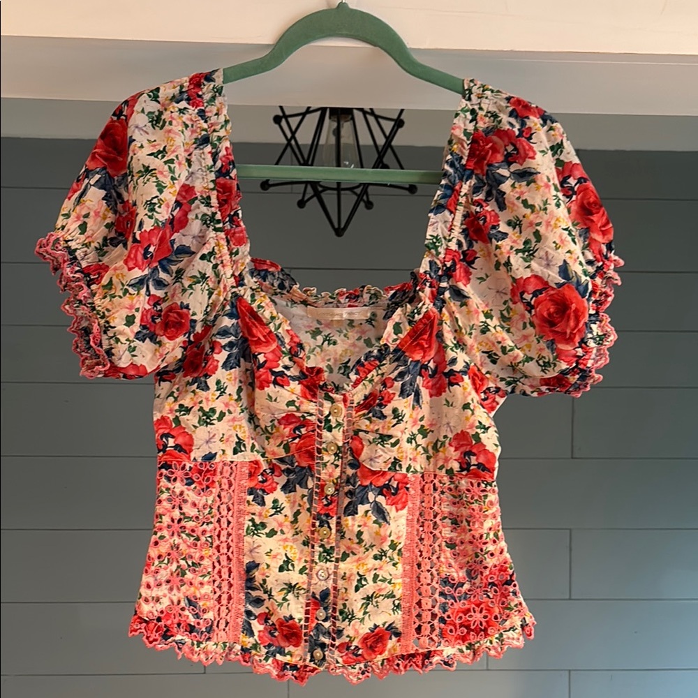 LoveShackFancy Floral Puff Sleeve Button Front Top in Red, Pink, Blue